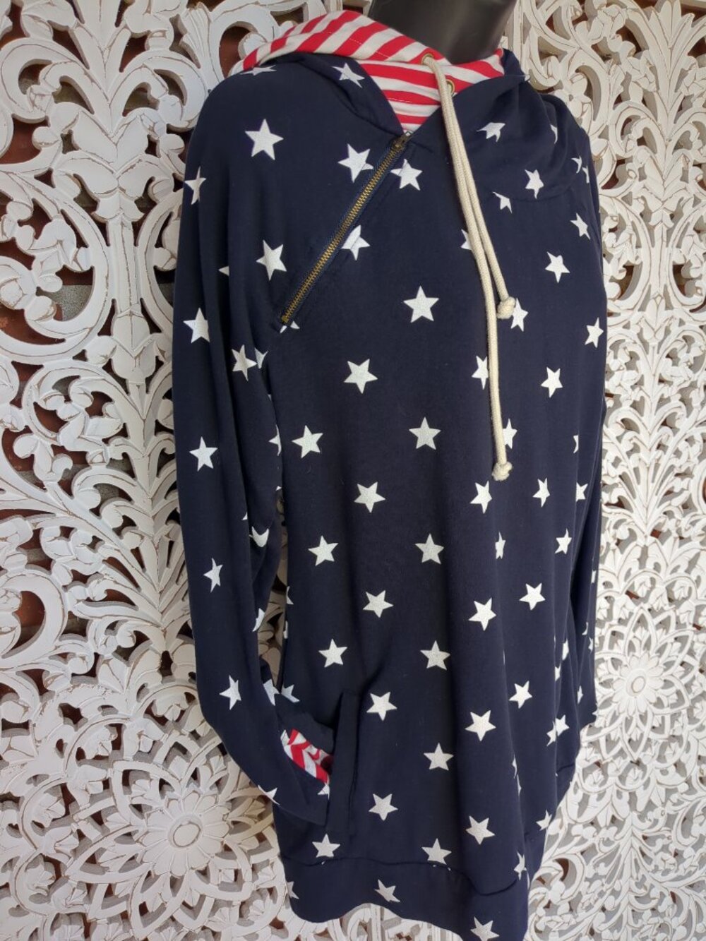 Stars and Stripes Double Hooded Long Sleeve Sweat Shirt - Picture 3 of 16